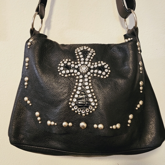 Leatherock USA Emb. Crystal Cross Blk. Studded Handbag Vintage EUC - Picture 2 of 8
